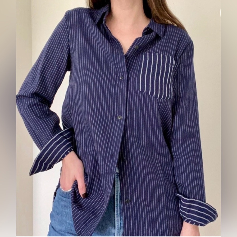 Madewell Striped Navy Blue Women's Top, Size Large